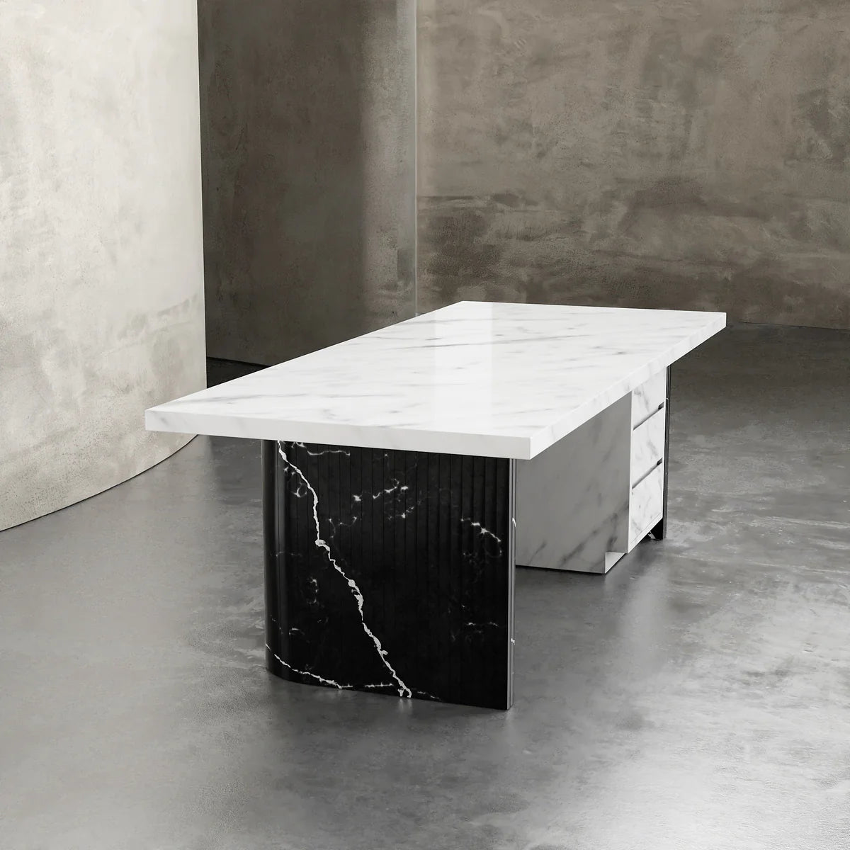 Nero Flute executive marble desk with three Carrara marble drawers — Nero Marquina fluted base, angled view