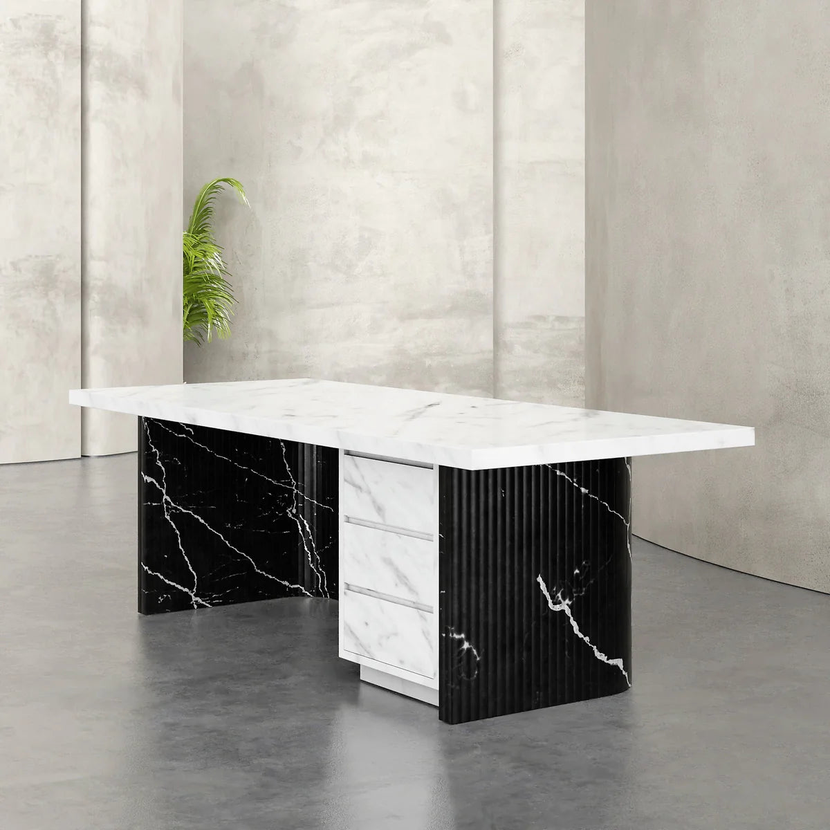 Nero Flute marble desk — fluted Nero Marquina base with Carrara marble top, angled view showing two-tone stone contrast