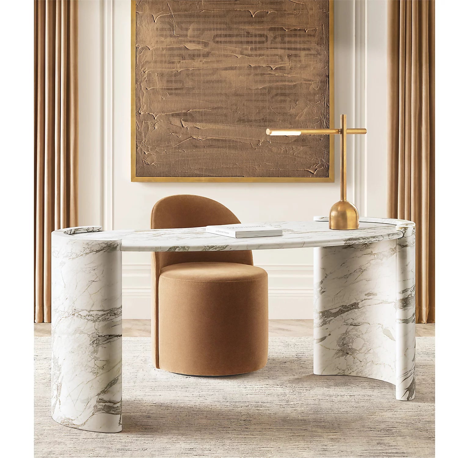 Coco marble desk in Statuario — kidney-shaped stone top with solid cylindrical column legs in office environment
