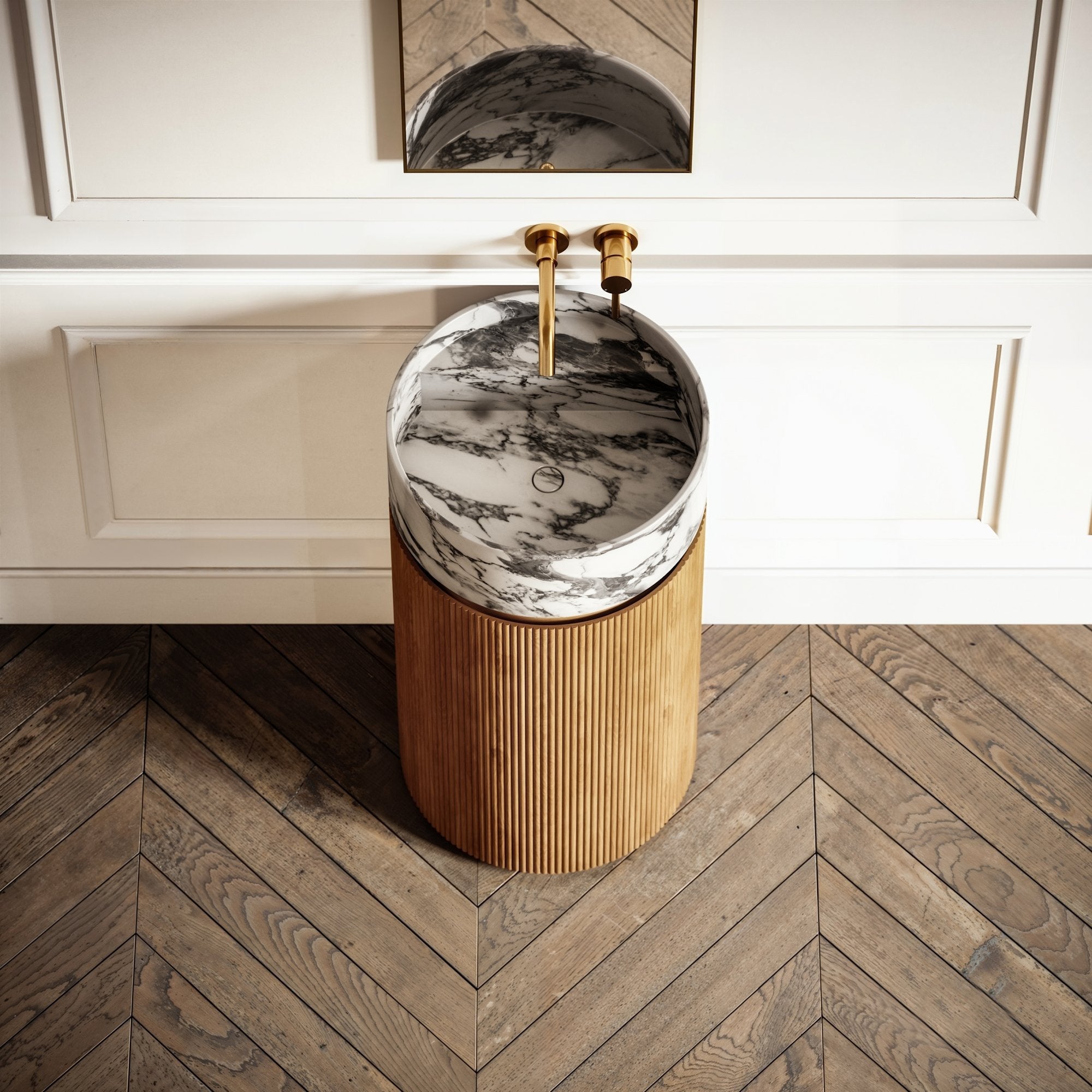 Arabescato Cylinder Vanity with Wood Base | Marble Bathroom Vanity with Storage - Elsa Home And Beauty