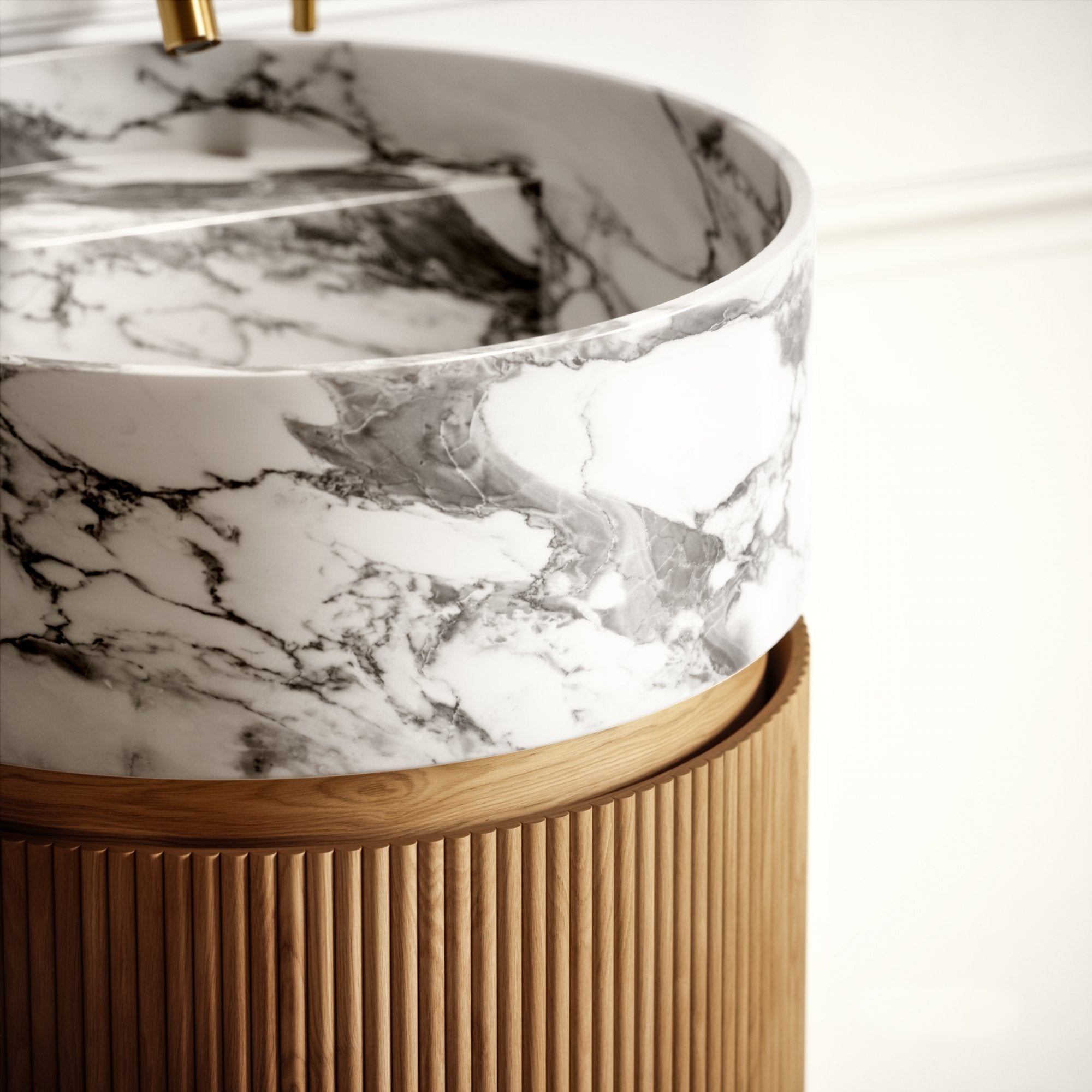 Arabescato Cylinder Vanity with Wood Base | Marble Bathroom Vanity with Storage - Elsa Home And Beauty