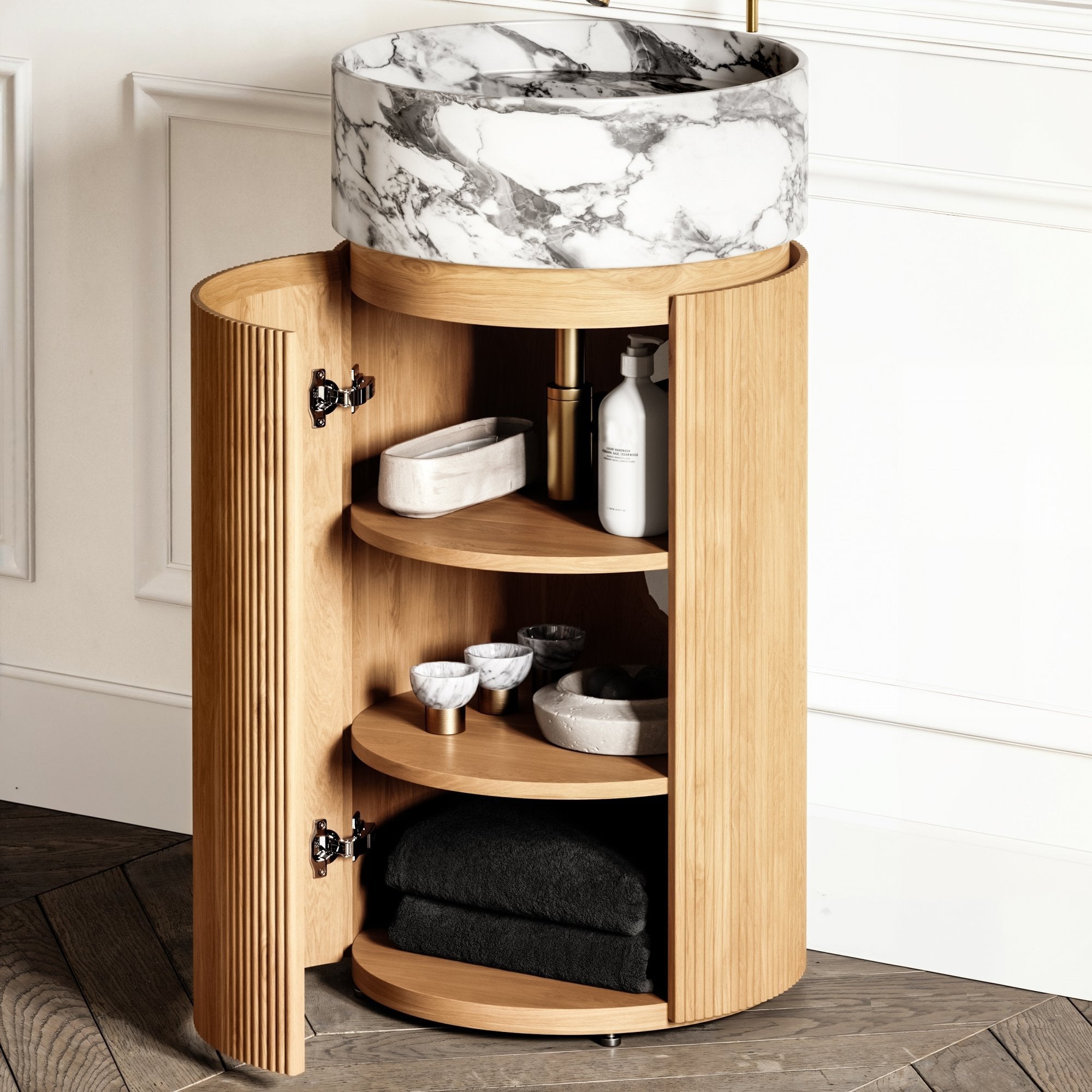 Arabescato Cylinder Vanity with Wood Base | Marble Bathroom Vanity with Storage - Elsa Home And Beauty