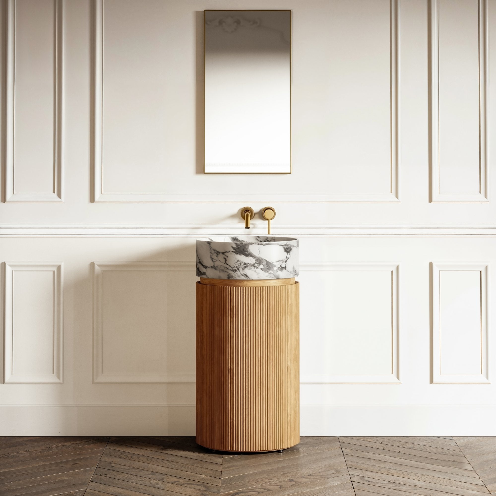 Arabescato Cylinder Vanity with Wood Base | Marble Bathroom Vanity with Storage - Elsa Home And Beauty