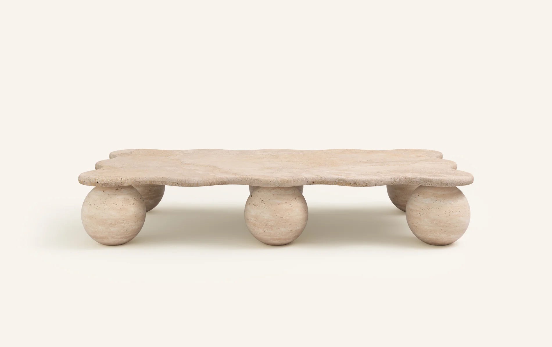 Balla travertine coffee table 1800mm — scalloped top with six solid travertine sphere base