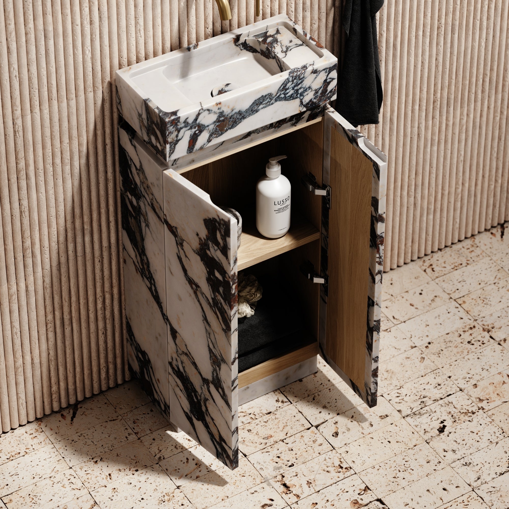 Calacatta Viola Bathroom Vanity Unit With Doors 400mm Opened Doors