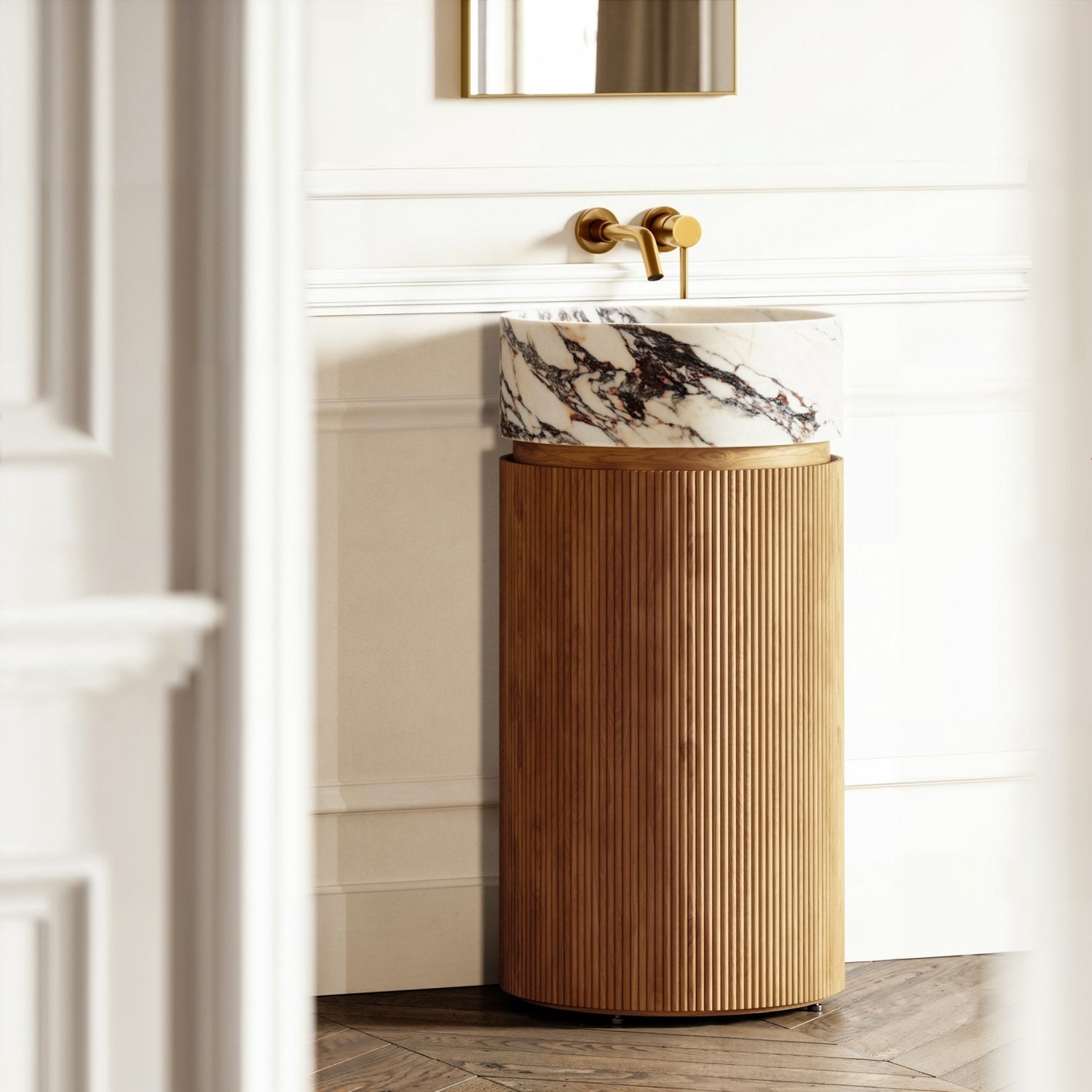 Calacatta Viola Marble Top Vanity With Cylinder Wood Grain Base - Elsa Home And Beauty