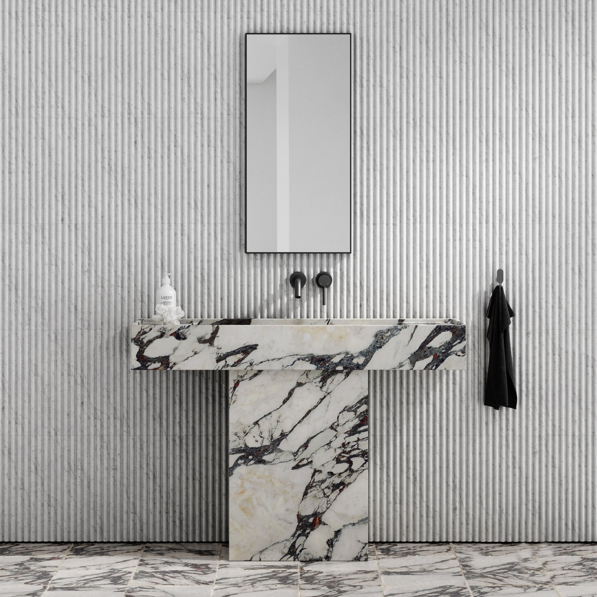 Calacatta Viola Marble Pedestal Basin 1200mm — full front view showing white base and purple-black veining