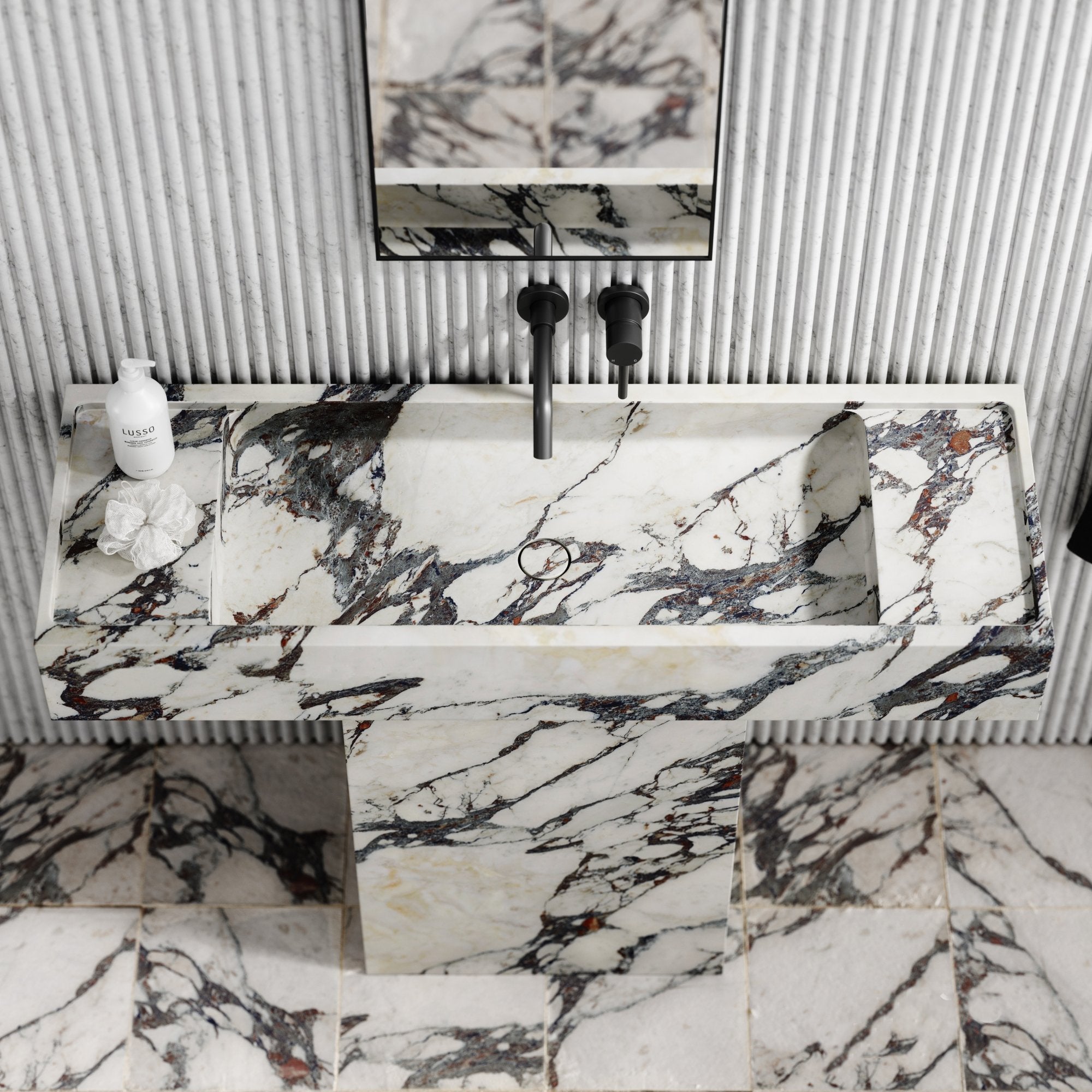 Calacatta Viola Marble Pedestal Basin styled in a luxury bathroom with brushed brass tapware