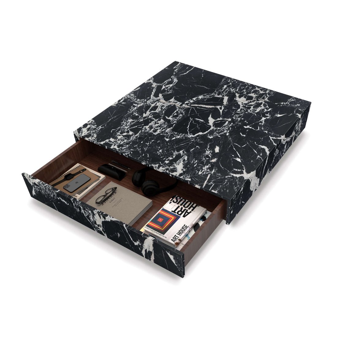 Close up of Vault Nero Marquina drawer front showing continuous white veining across stone face