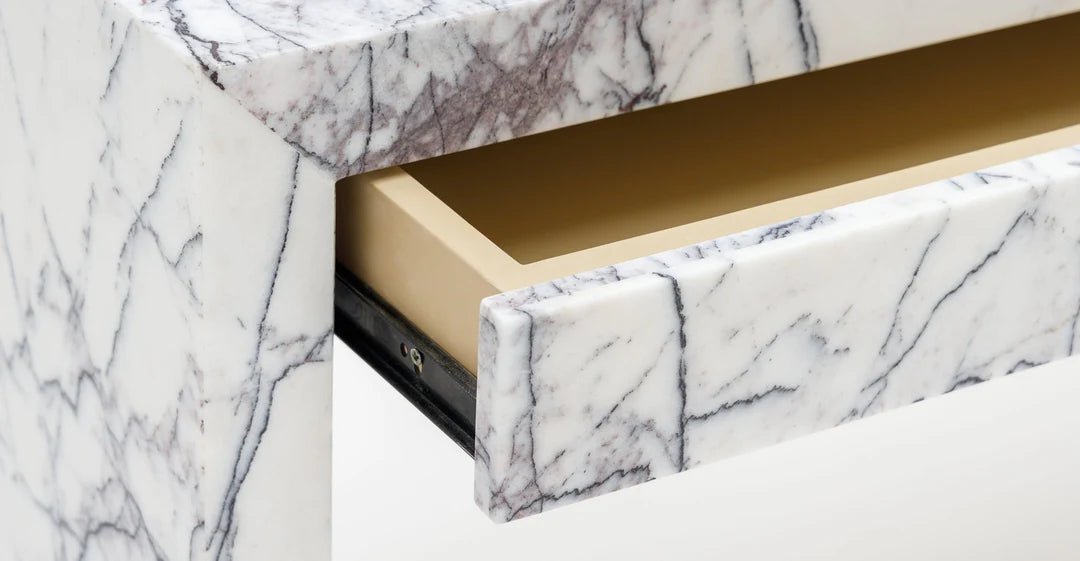 New York marble desk drawers — two full-width side-by-side drawers in matching lilac marble