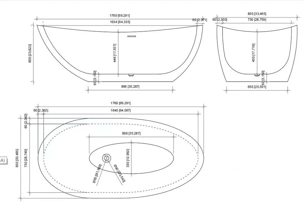 Roman travertine bathtub technical drawing showing dimensions 1760mm x 850mm x 600mm high