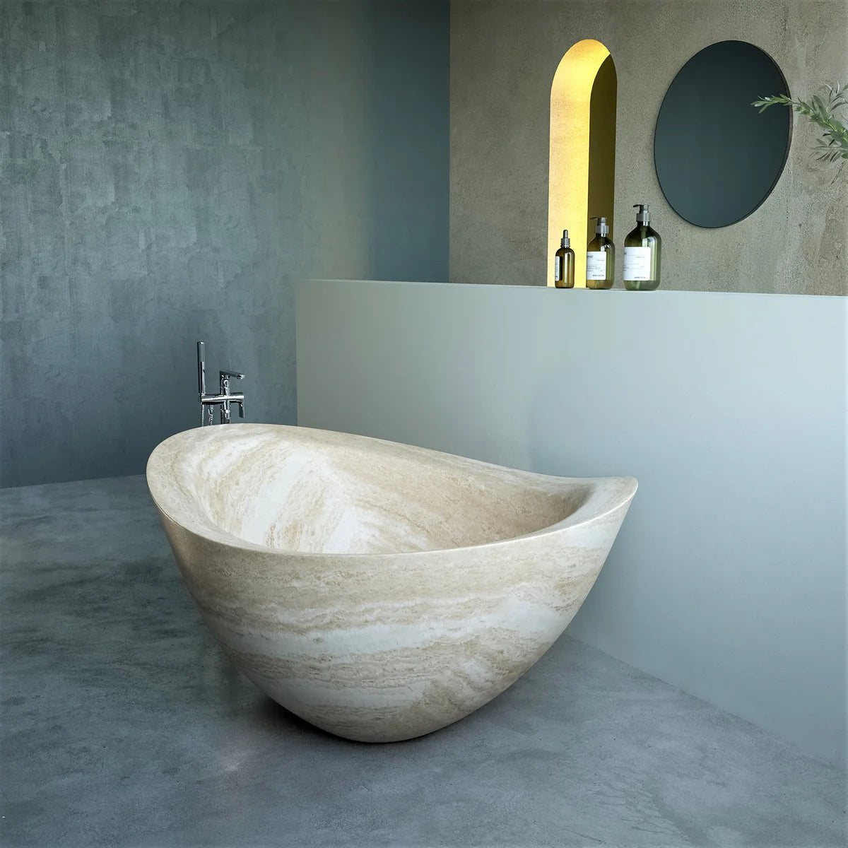 Roman travertine bathtub side profile showing asymmetric organic form and high-back reclined end