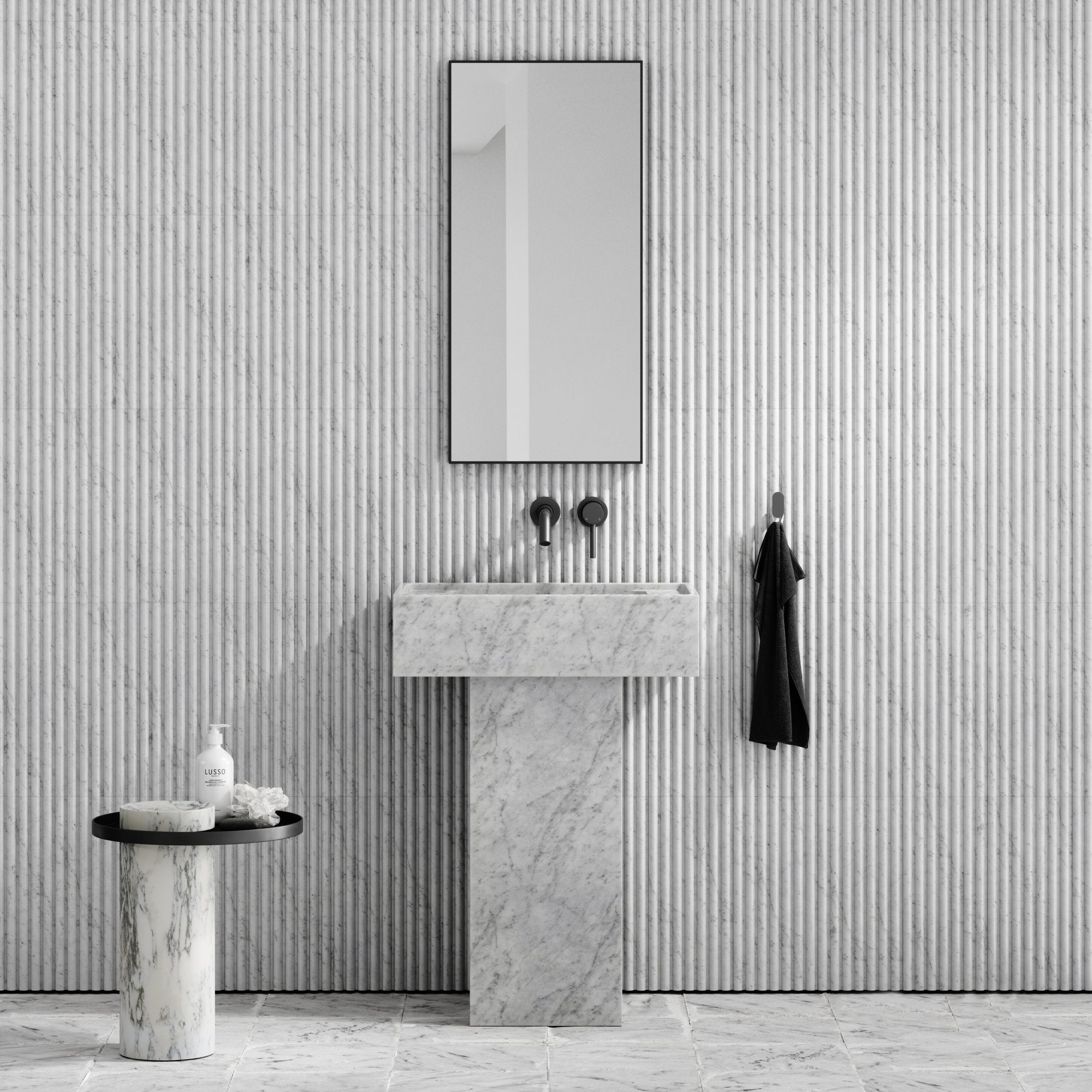 Carrara marble pedestal vanity 600mm — rectangular basin on square column