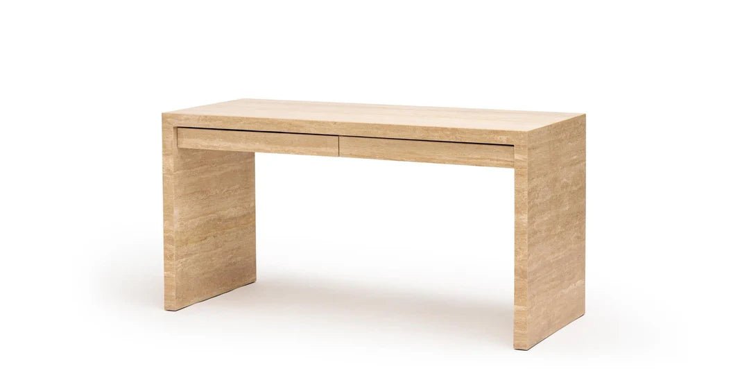 Travertine Navona desk side profile showing drawer depth and stone construction