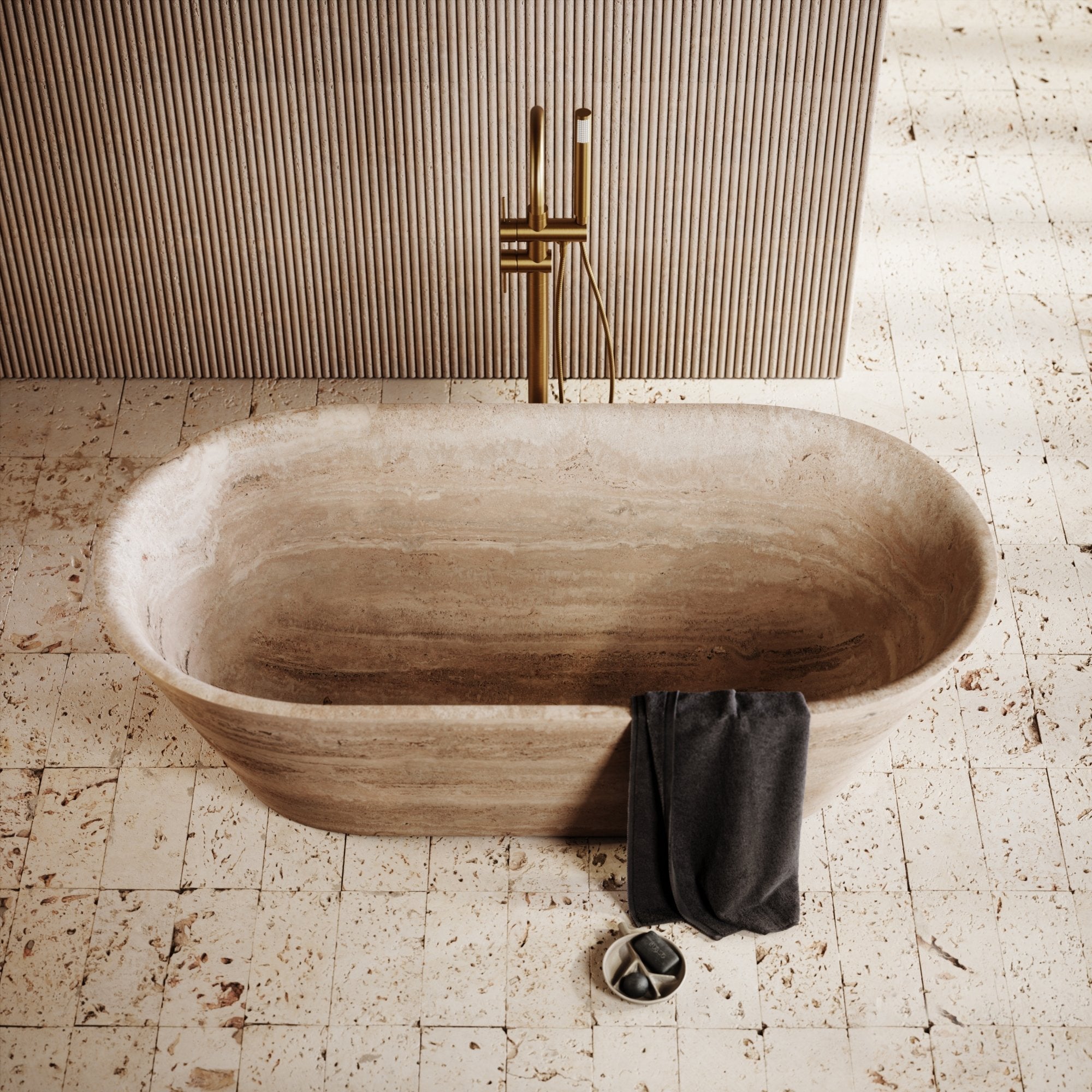 Sculpt Oval Travertine Deep-Soak Bathtub Top View