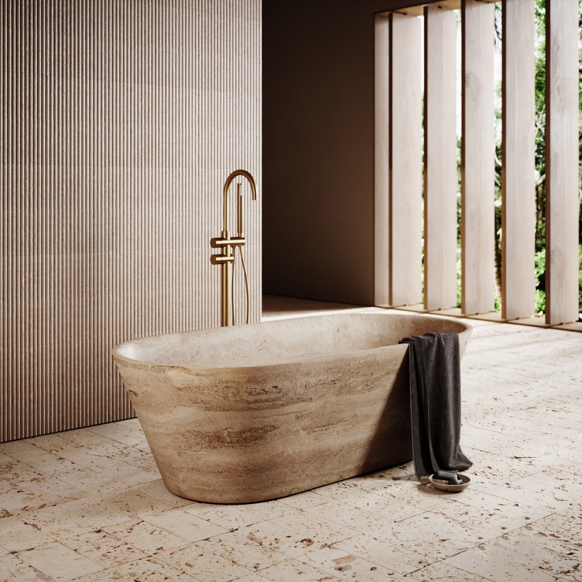 Sculpt Oval Travertine Deep-Soak Bathtub Side Profile