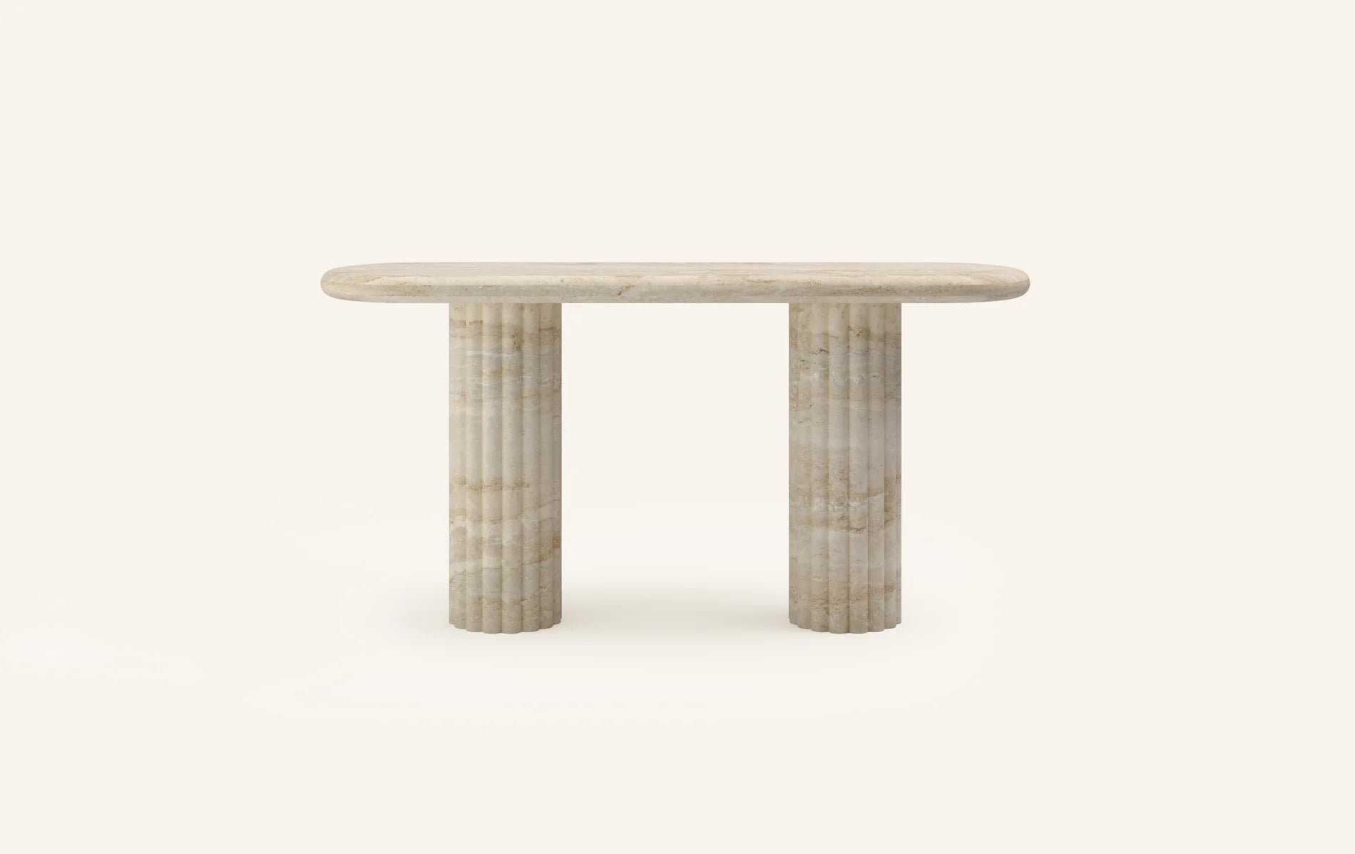Doric fluted Travertine Navona hallway table — oval pill-shaped top and two fluted columns, 1200mm wide