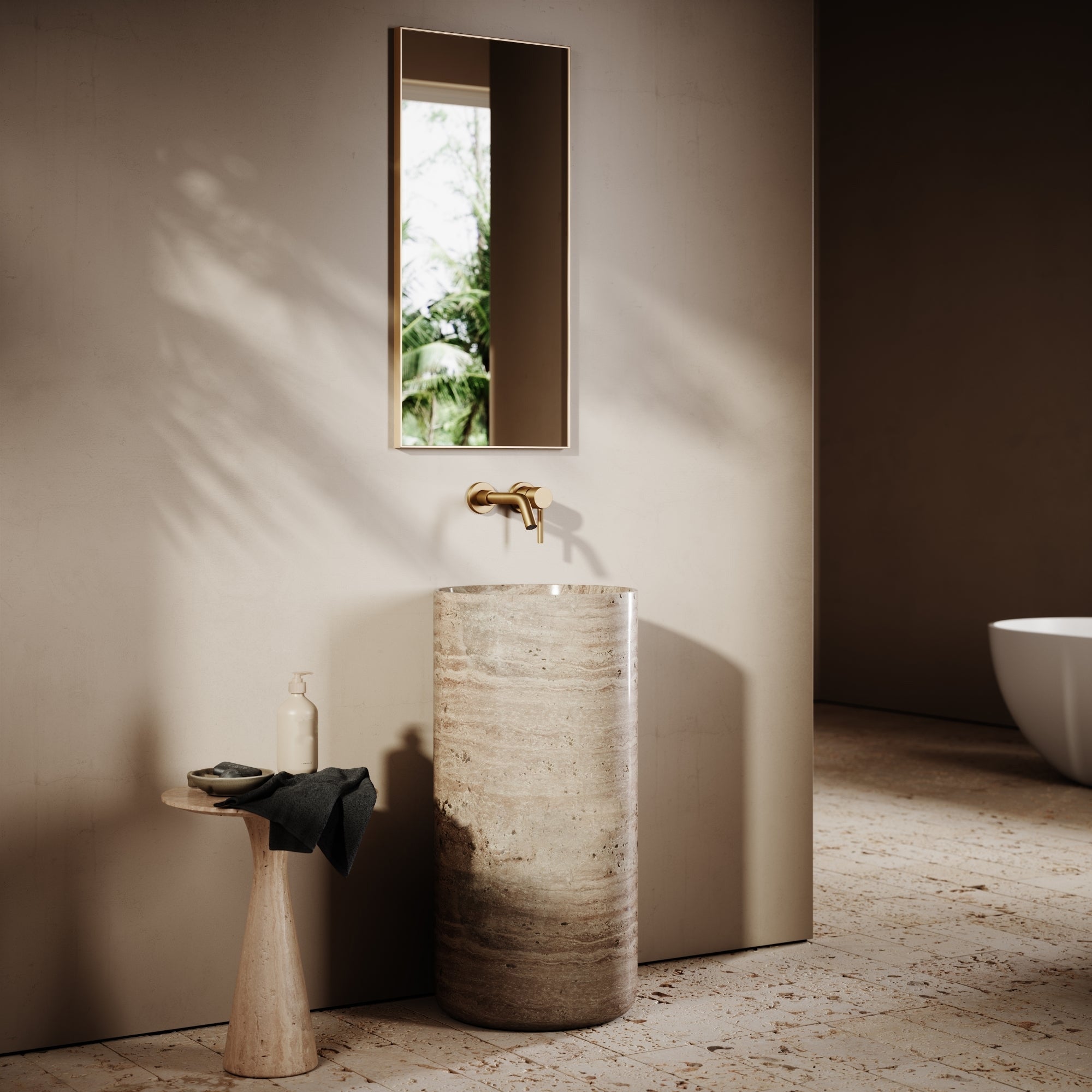 Travertine Pedestal Basin | Natural Stone Freestanding Sink - Elsa Home And Beauty