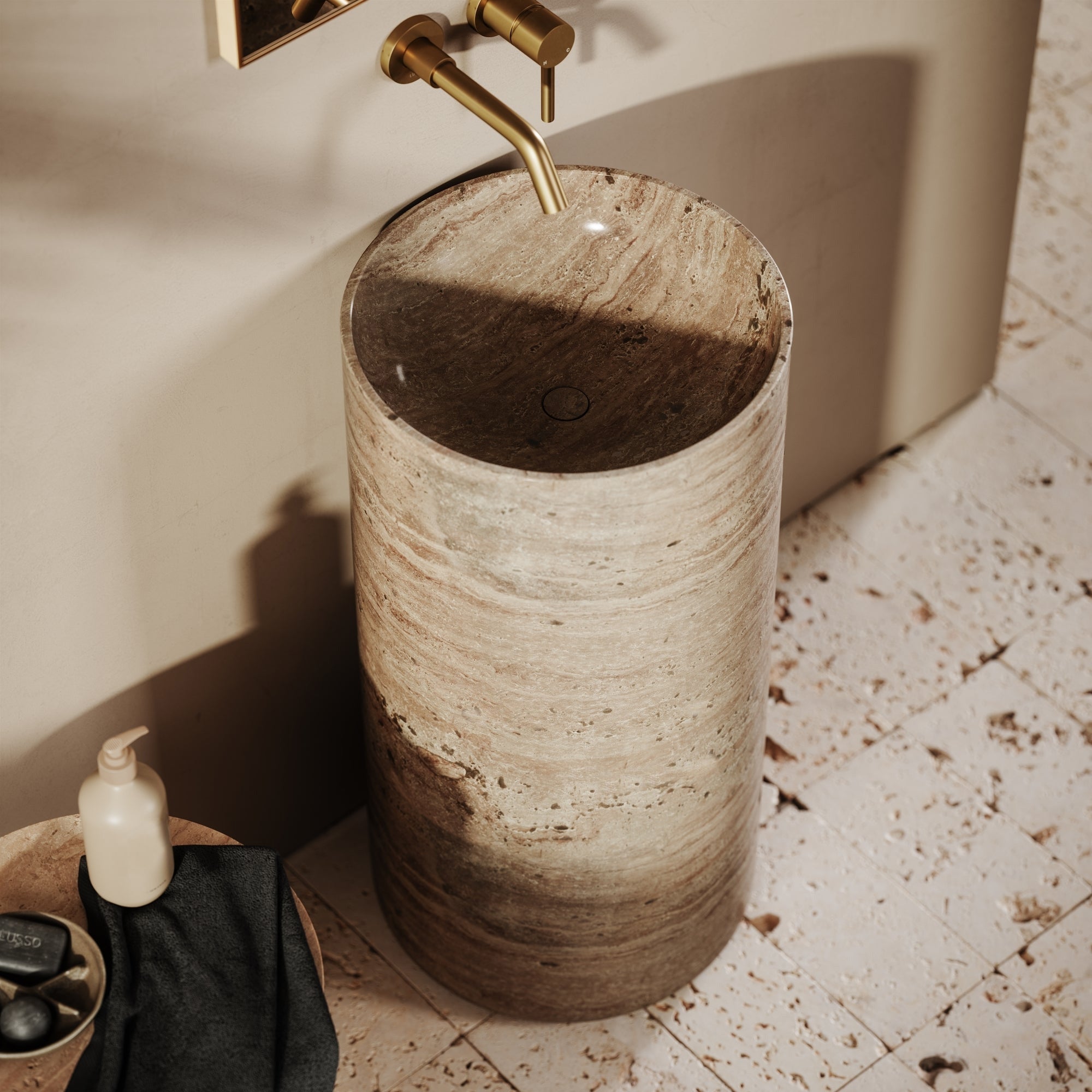 Travertine Pedestal Basin | Natural Stone Freestanding Sink - Elsa Home And Beauty