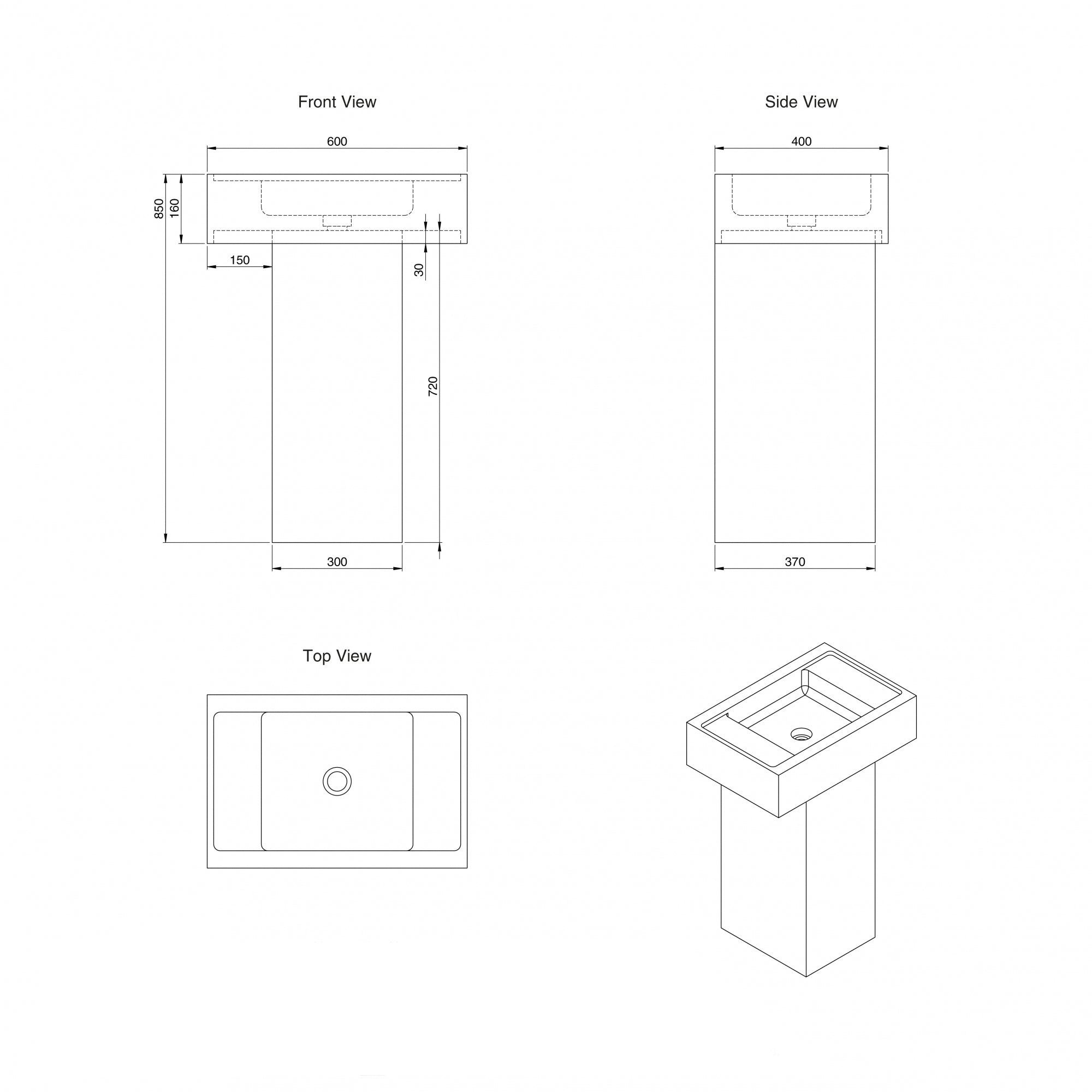 Loft Travertine Vanity Basin 600mm Drawings
