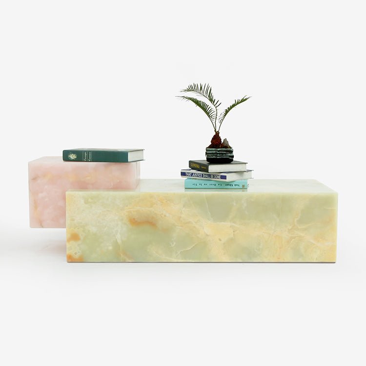 Bloc two-tone onyx coffee table — green onyx base with pink onyx offset block, 1200mm
