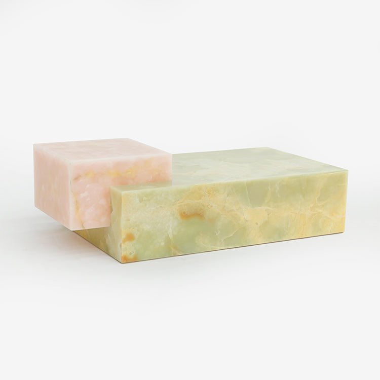 Close up of green onyx surface showing sage and honey banding and natural translucency