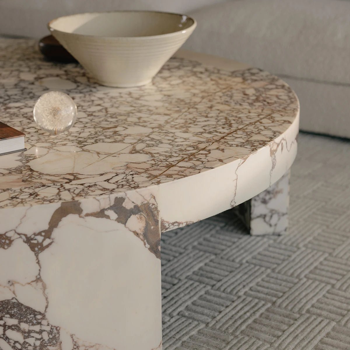 Calacatta Viola Marble Coffee Table styled in a contemporary living room with neutral furnishings