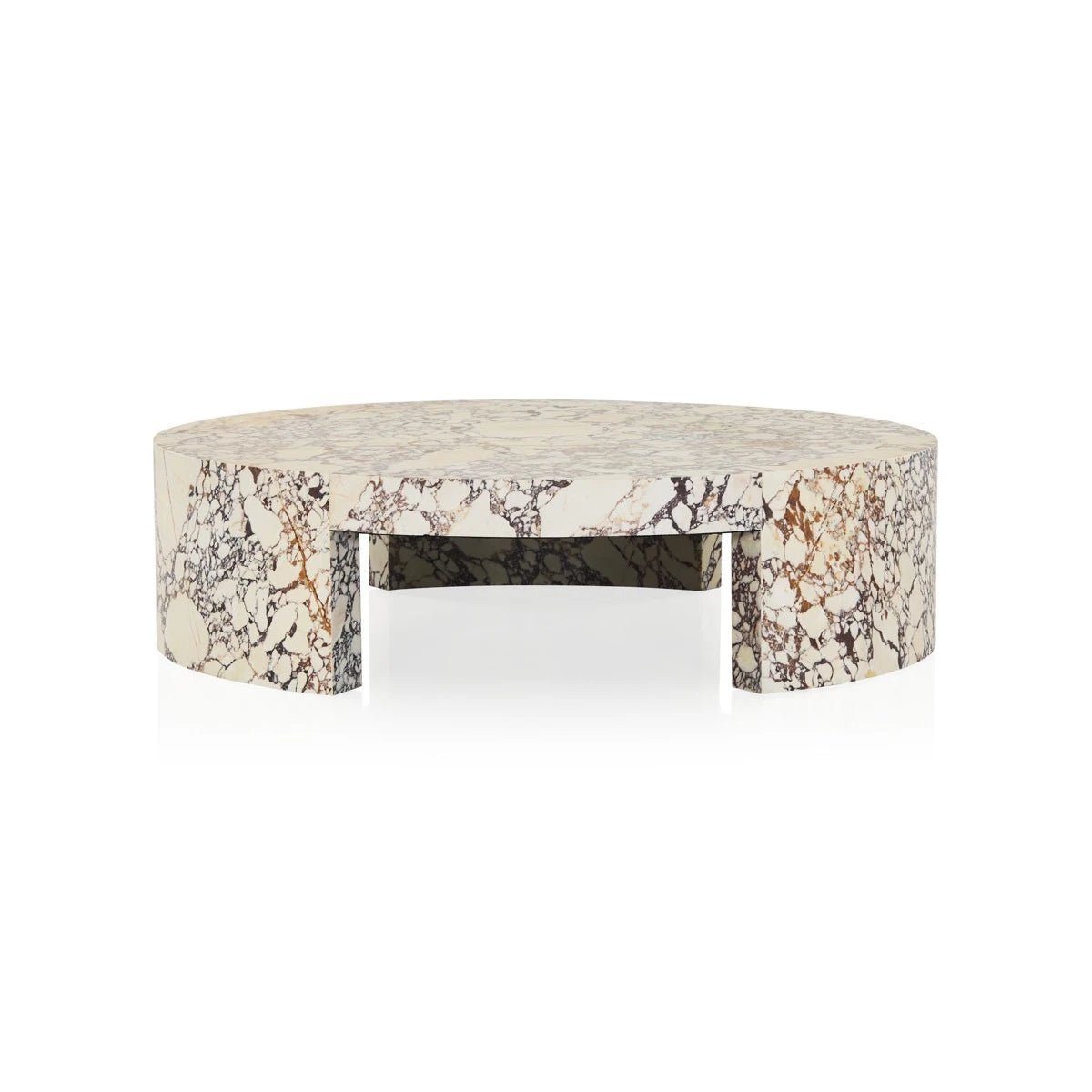 Calacatta Viola Marble Coffee Table — full view showing round top and solid stone pedestal base
