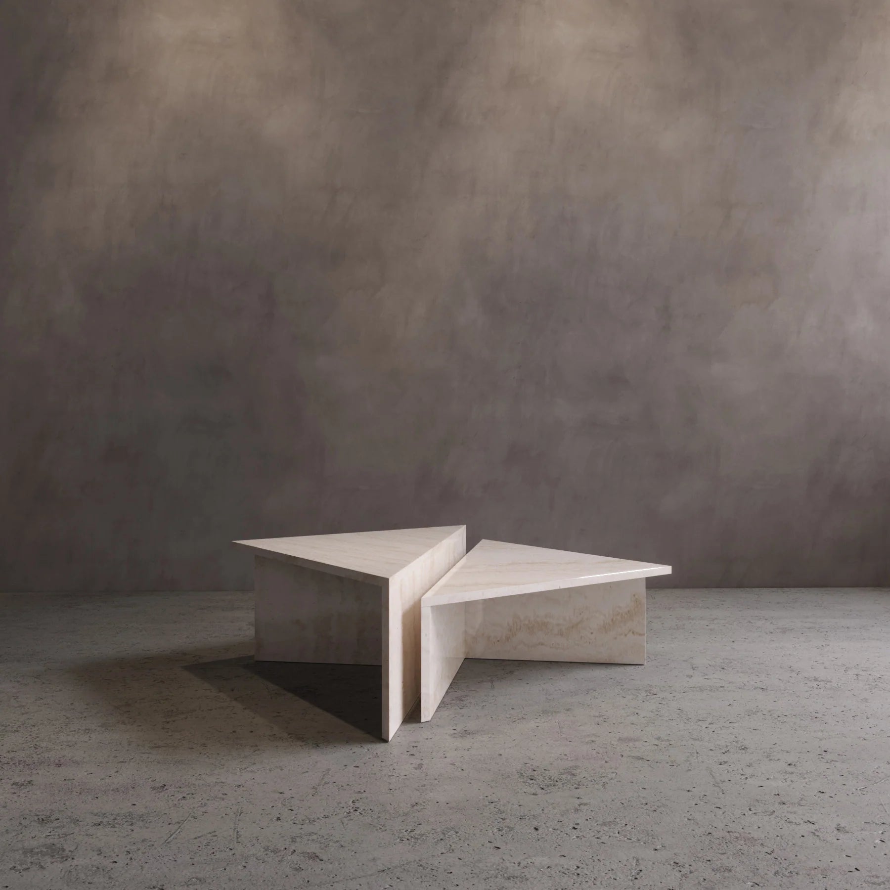 Caliente Triangle Nesting Coffee Table Set in Travertine Side Profile