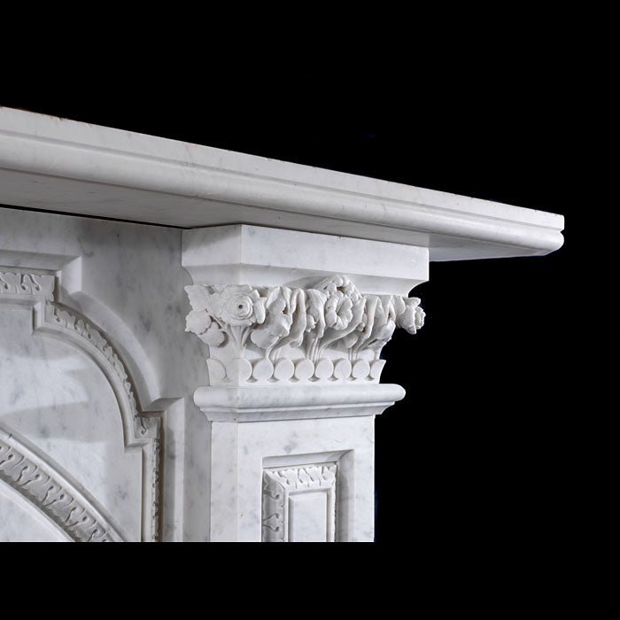 Right Corinthian capital detail on Grand Victorian Carrara marble fireplace — carved scrolling foliage and floral motifs