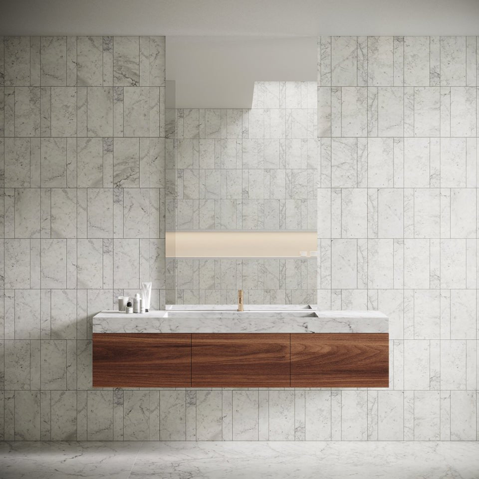 Carrara Marble Wall Mounted Vanity Unit — full front view showing integrated basin and three walnut veneer drawers