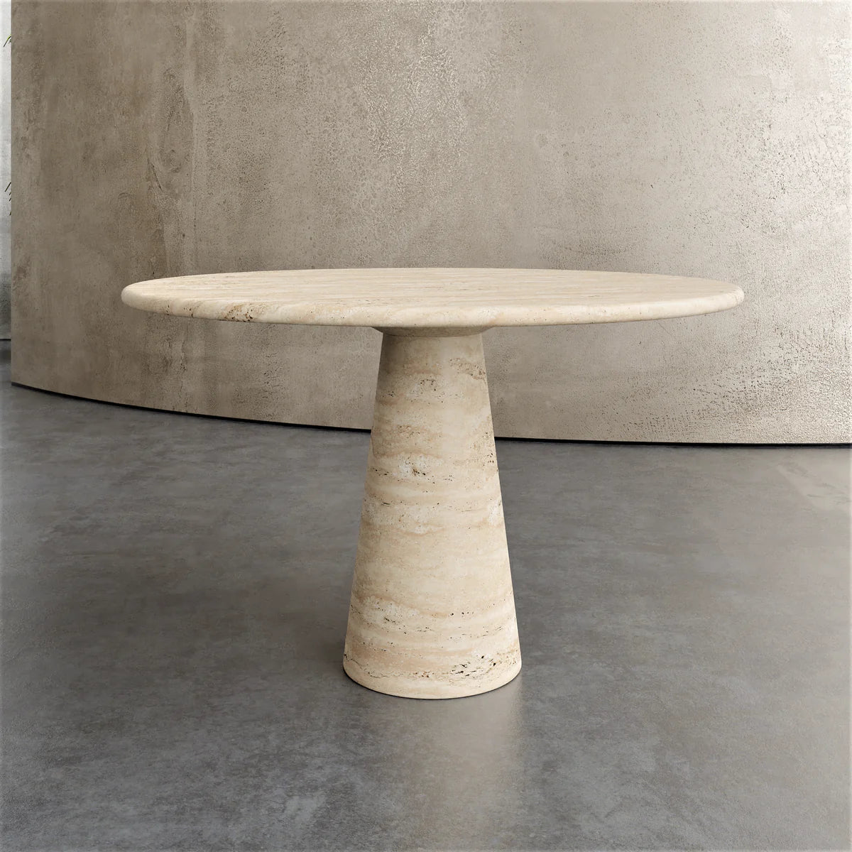 Franca travertine round dining table with conical pedestal base, side view