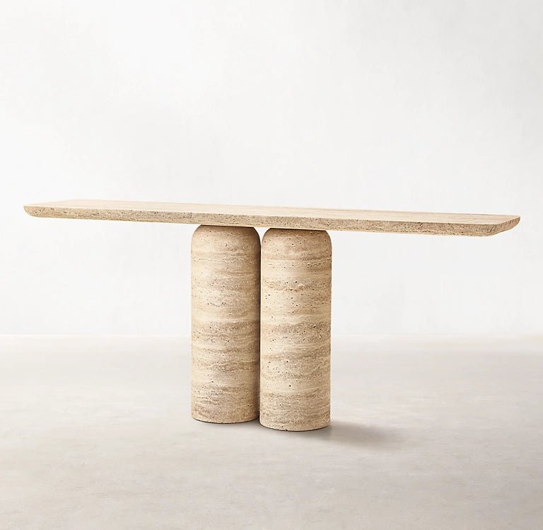 Venetino console table Travertine Navona cylinder column detail showing natural horizontal layering and pitting