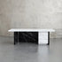 Nero Flute marble desk front view — slatted black Nero Marquina pedestal base with white Carrara marble top