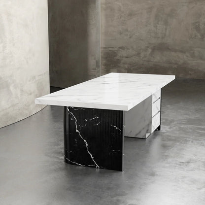 Nero Flute executive marble desk with three Carrara marble drawers — Nero Marquina fluted base, angled view