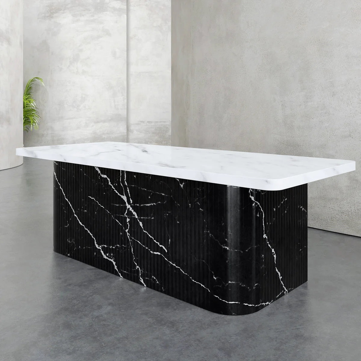 Nero Flute marble executive desk back view — Carrara marble top and drawers with fluted Nero Marquina base panels