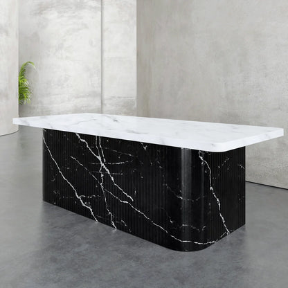 Nero Flute marble executive desk back view — Carrara marble top and drawers with fluted Nero Marquina base panels