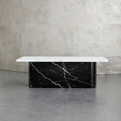 Nero Flute marble executive desk back view — Carrara marble top and drawers with fluted Nero Marquina base panels