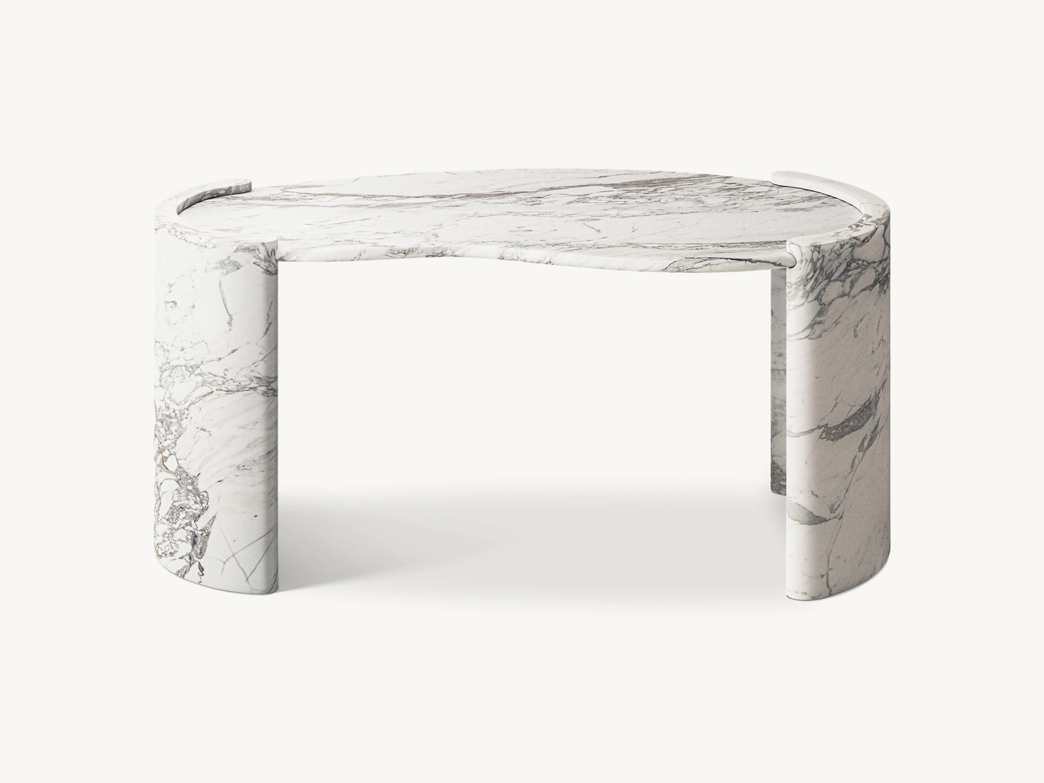 Coco marble desk in Statuario — kidney-shaped stone top with solid cylindrical column legs, angled view