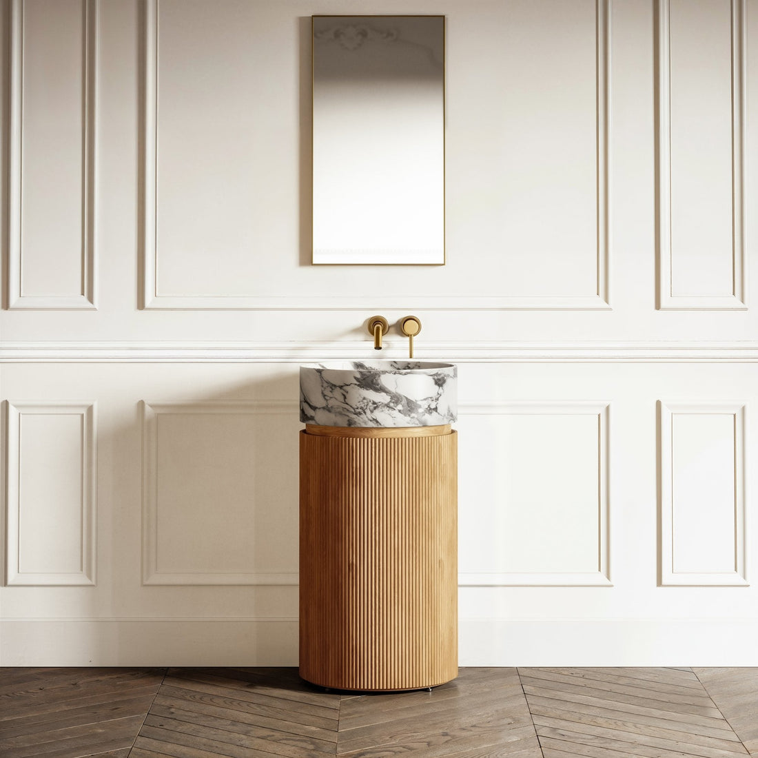 Arabescato Cylinder Vanity with Wood Base | Marble Bathroom Vanity with Storage - Elsa Home And Beauty