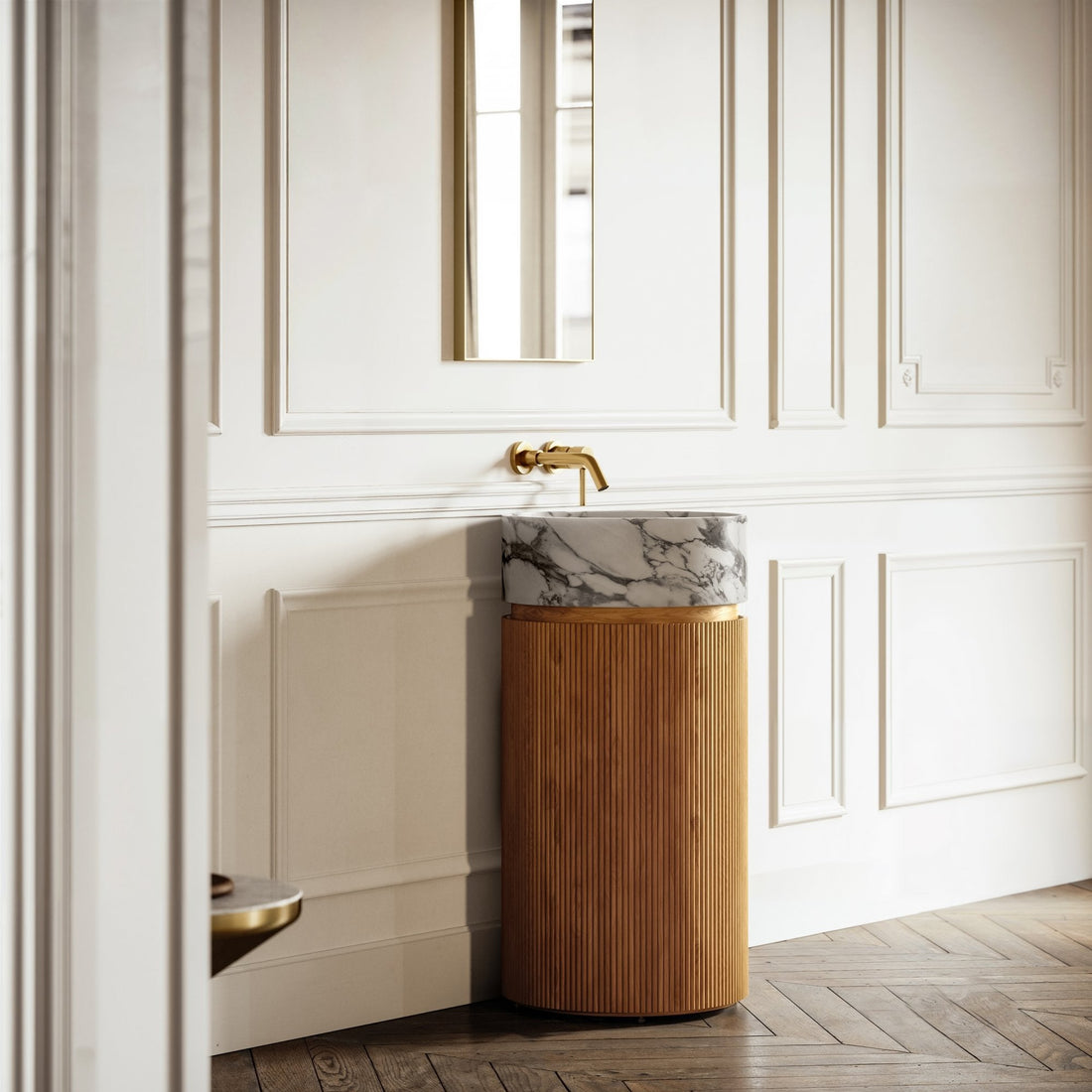 Arabescato Cylinder Vanity with Wood Base | Marble Bathroom Vanity with Storage - Elsa Home And Beauty