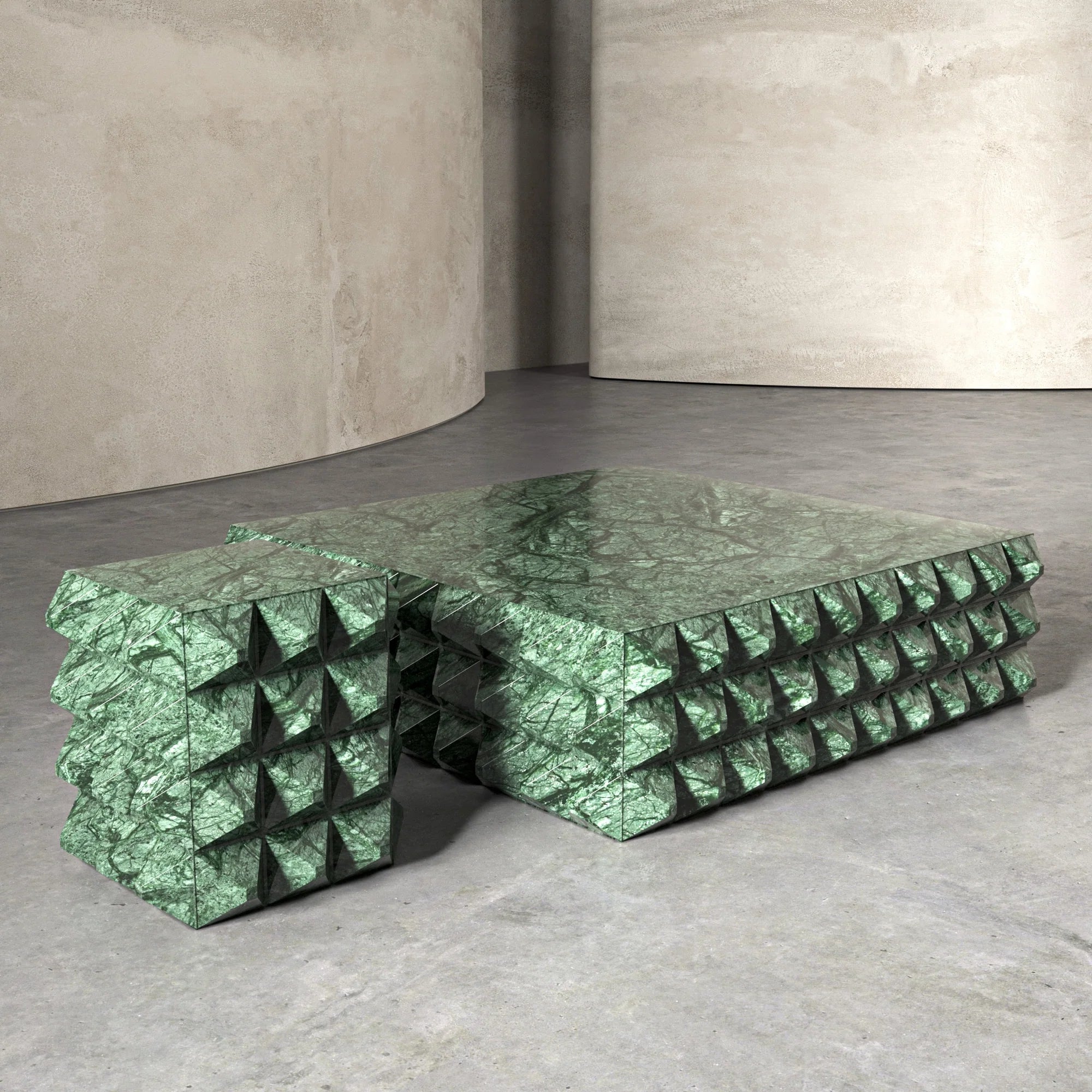 Bottega Verde Guatemala coffee table side detail showing repeating geometric pyramid facet carving