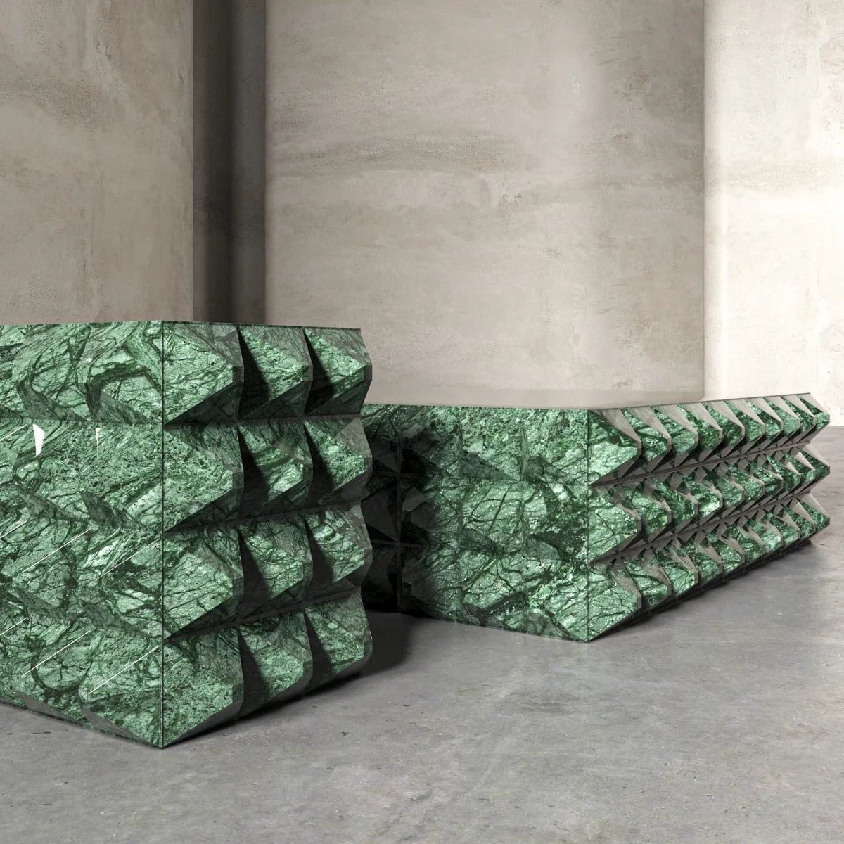 Bottega Verde Guatemala square marble coffee table angled view showing faceted sides and flat top contrast
