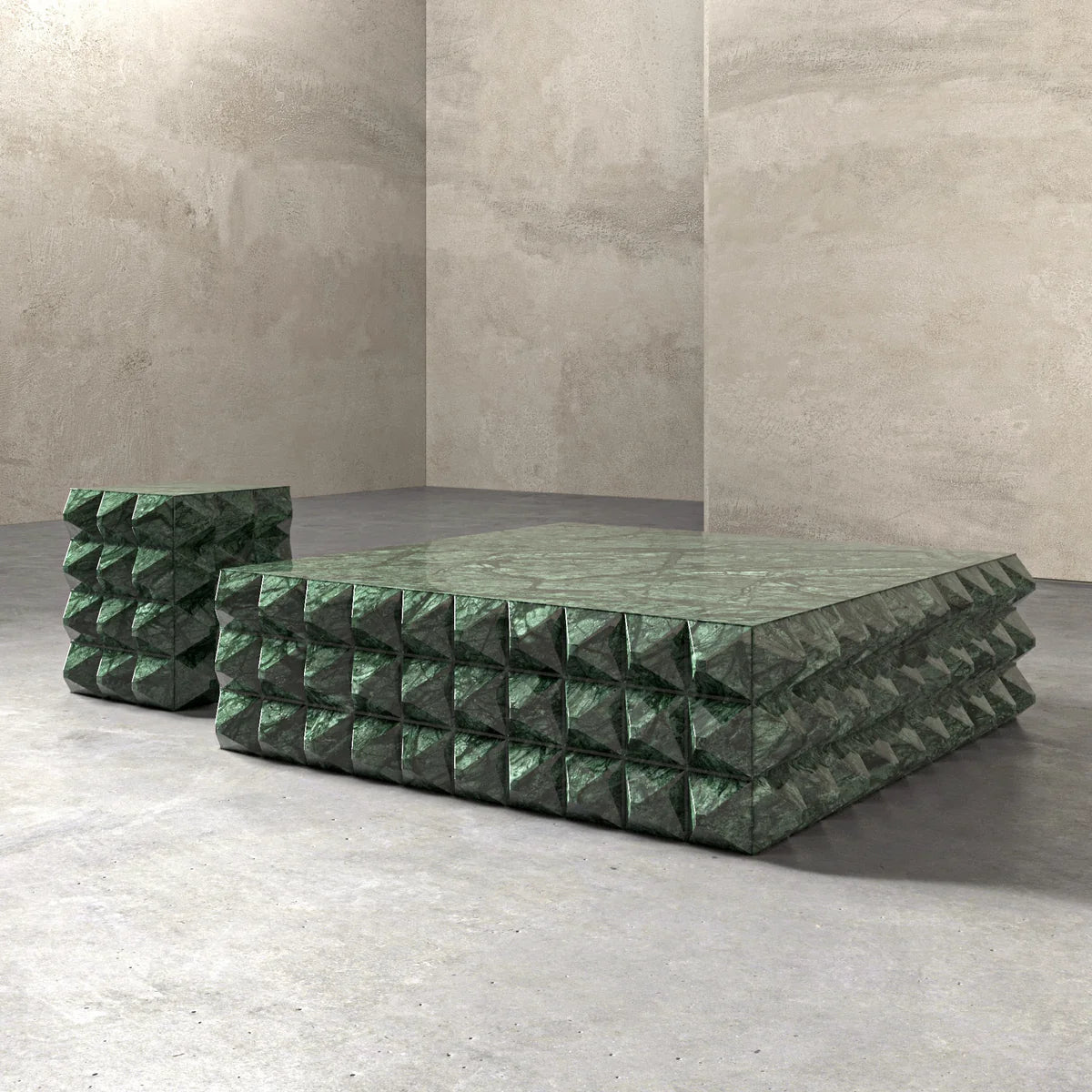 Bottega Verde Guatemala square marble coffee table 1300mm — smooth top with diamond faceted carved sides