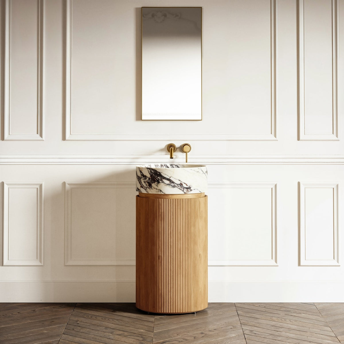 Stylish Marble Top Vanity Unit with Wood Cylinder Base – Elsa Home And