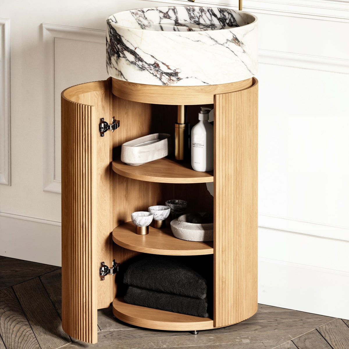 Stylish Marble Top Vanity Unit with Wood Cylinder Base – Elsa Home And ...