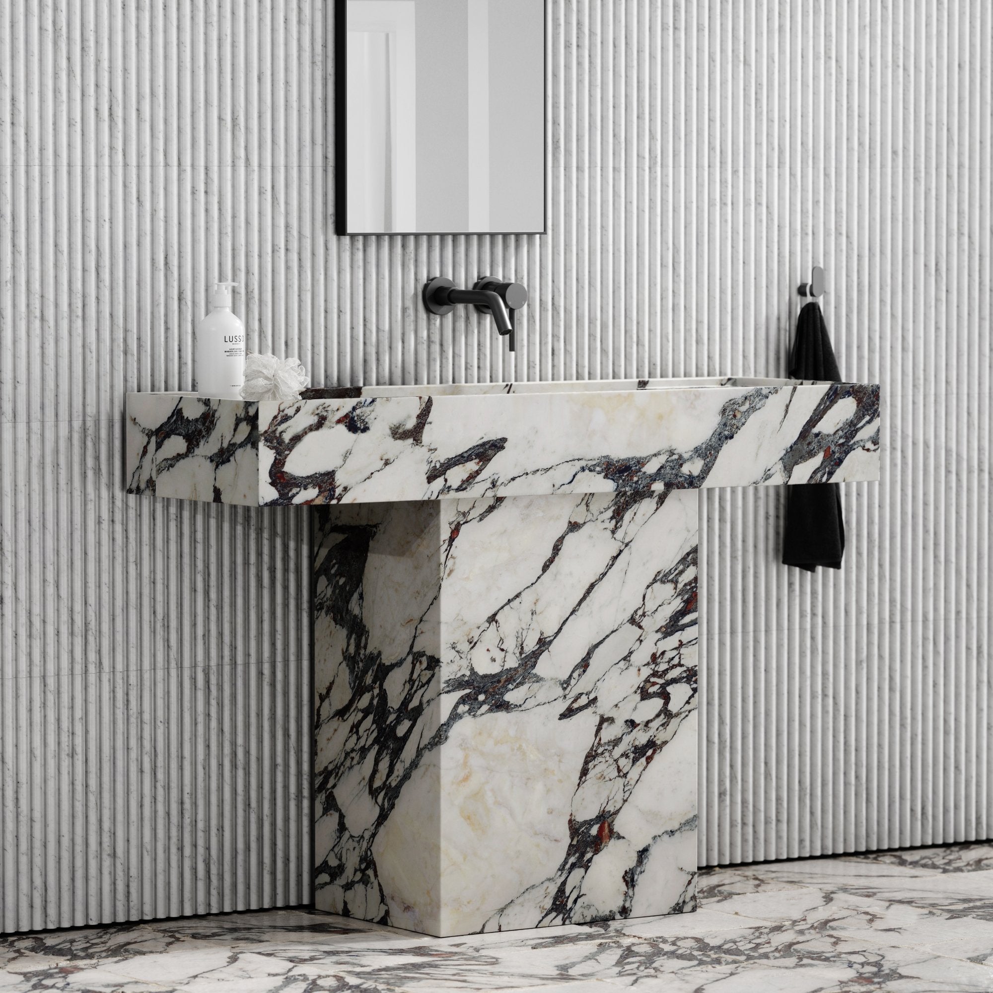 Calacatta Viola Pedestal Basin — three-quarter angle showing basin depth and pedestal column