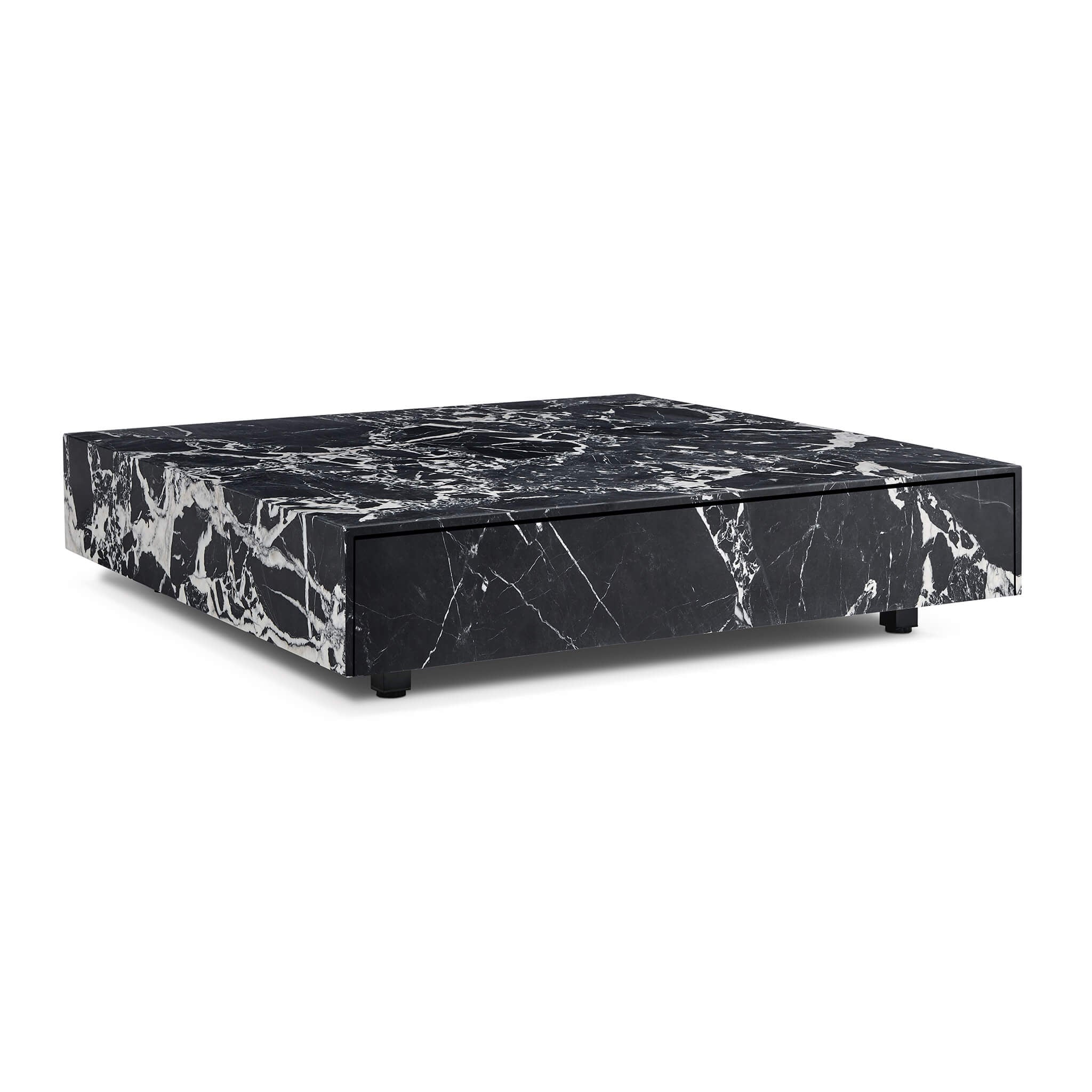 Vault Square Nero Marquina Coffee Table With Drawer — 1200mm solid black marble, drawer closed