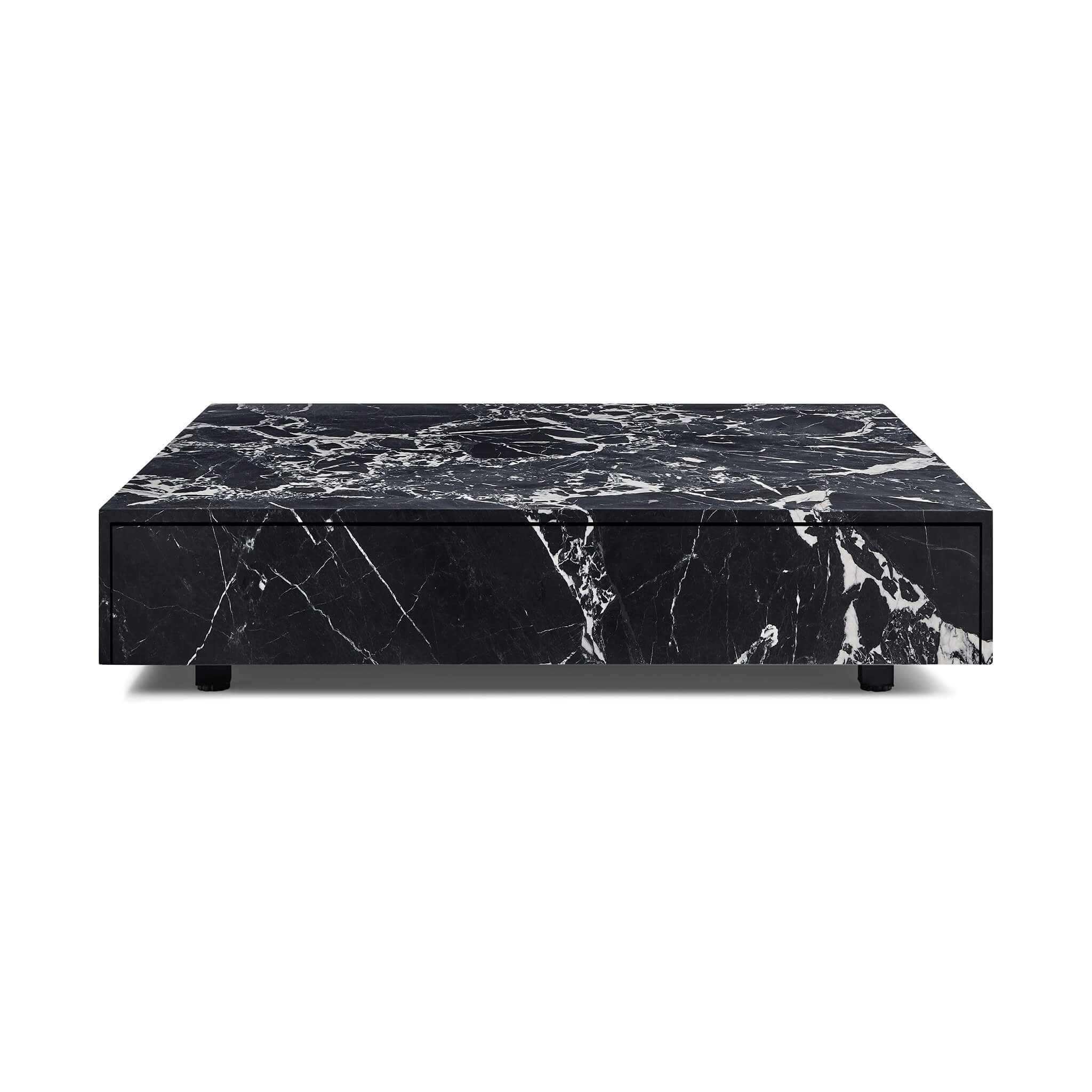 Vault Square Nero Marquina Coffee Table With Drawer — 1200mm solid black marble, drawer closed
