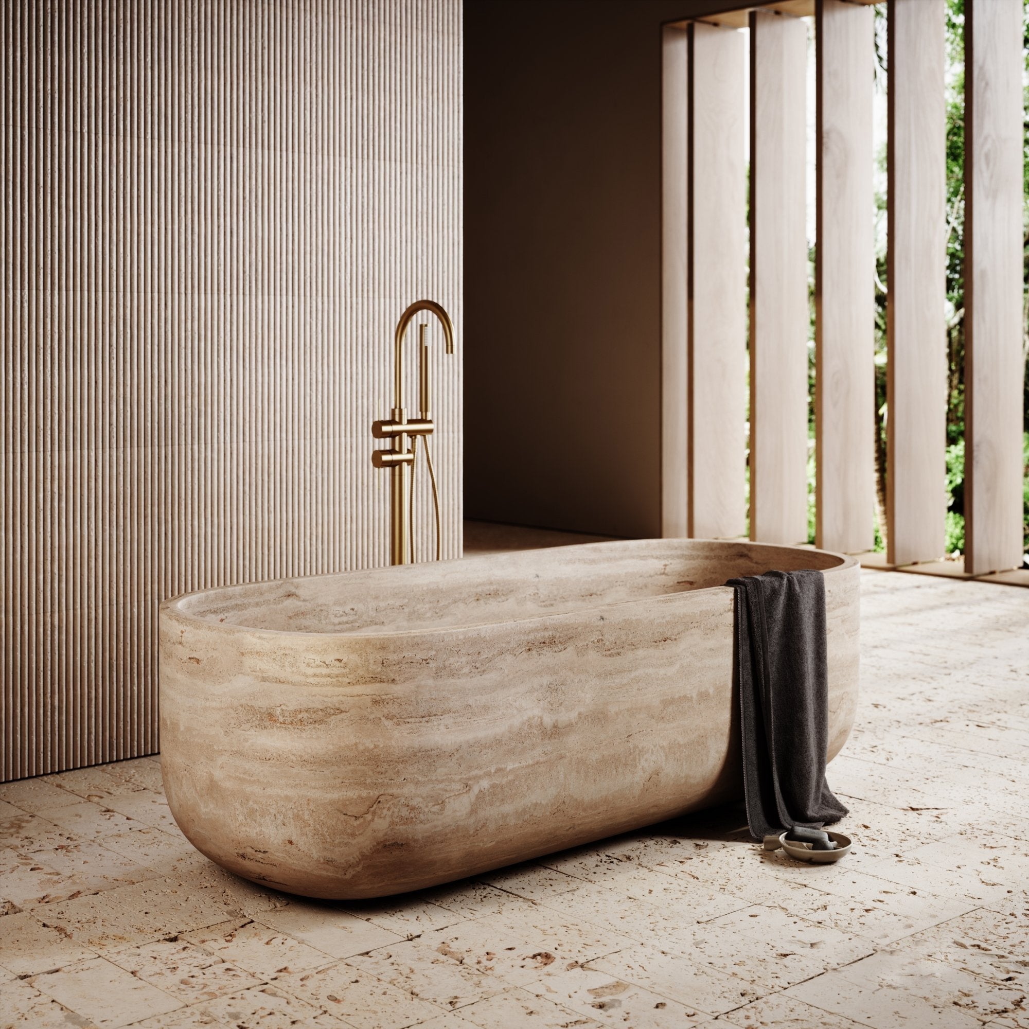 Nobu Oval Travertine Stone Bathtub Side Profile